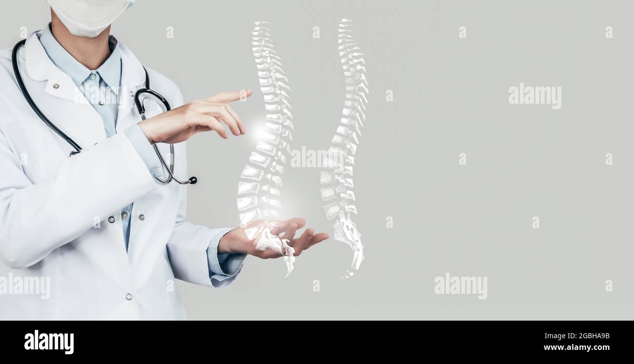 Female doctor holding virtual Spine in hand. Handrawn human organ, copy space on right side, grey hdr color. Healthcare / scientific technologies conc Stock Photo