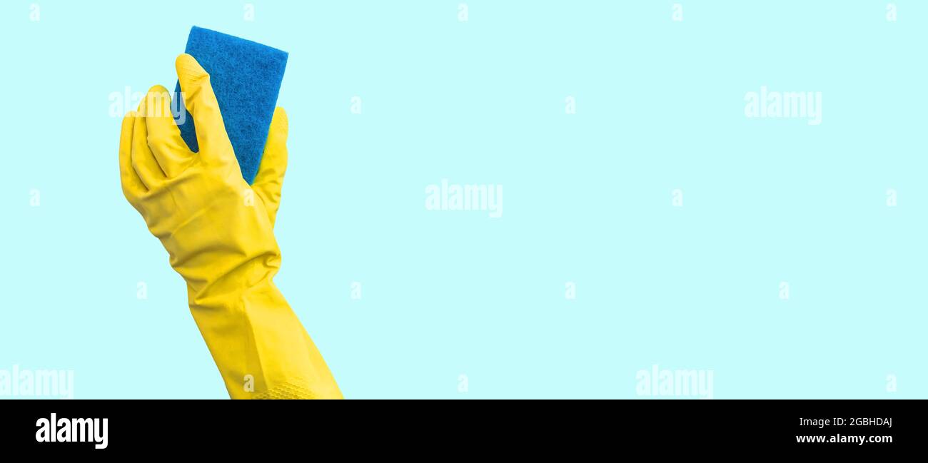 Hand in a yellow rubber glove with a cleaning sponge isolated on bright ...