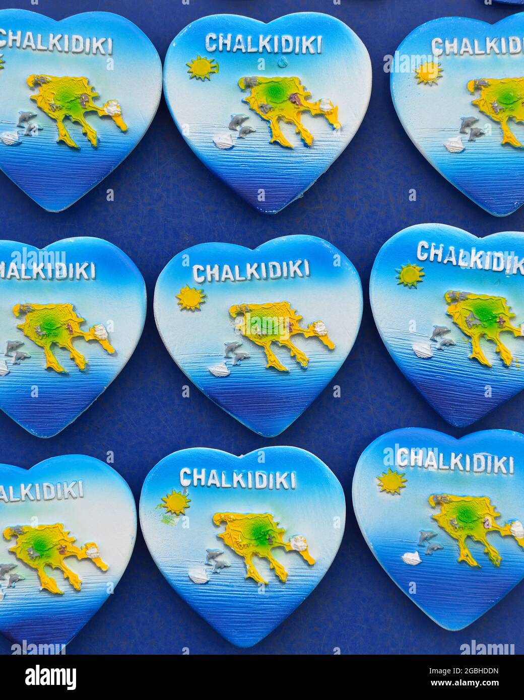 Souvenir Fridge Magnets on a street stall. Chalkidiki, Halkidiki, Greece Stock Photo