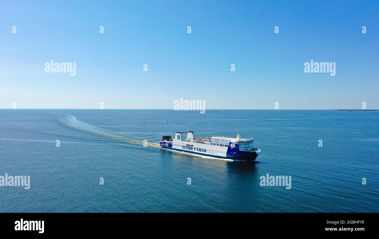 Finbo Cargo approaching Vuosaari Harbour on one of its daily crossings between Vuosaari, Finland and Muuga, Estonia. Stock Photo