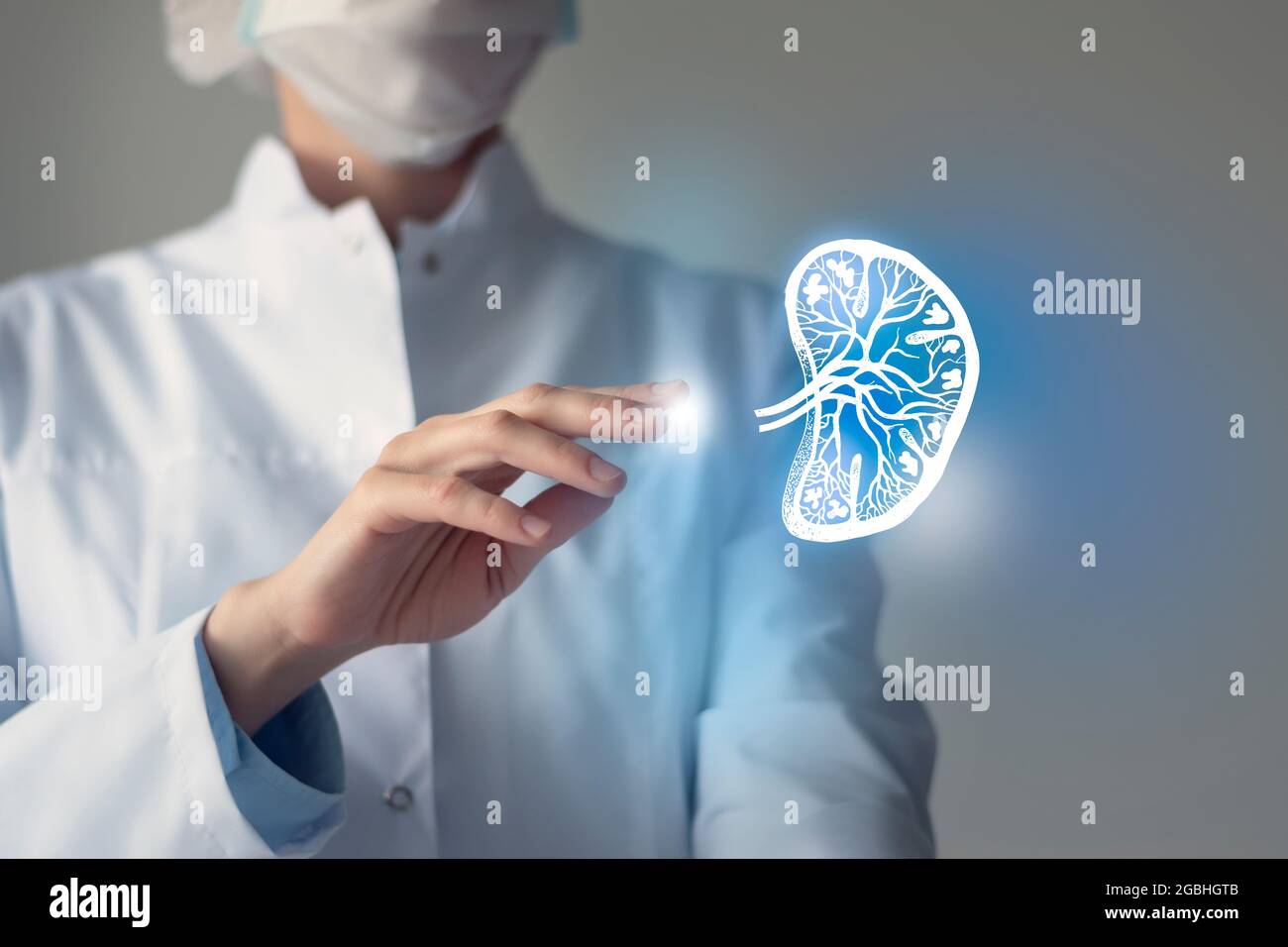 Female doctor holding virtual sketchy drawing of spleen in hand. Handrawn human organ, copy space on right side, raw photo colors. Healthcare hospital Stock Photo