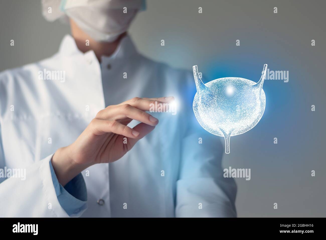 Female doctor touches virtual Bladder in hand. Blurred photo, handrawn human organ, highlighted blue as symbol of recovery. Healthcare hospital servic Stock Photo