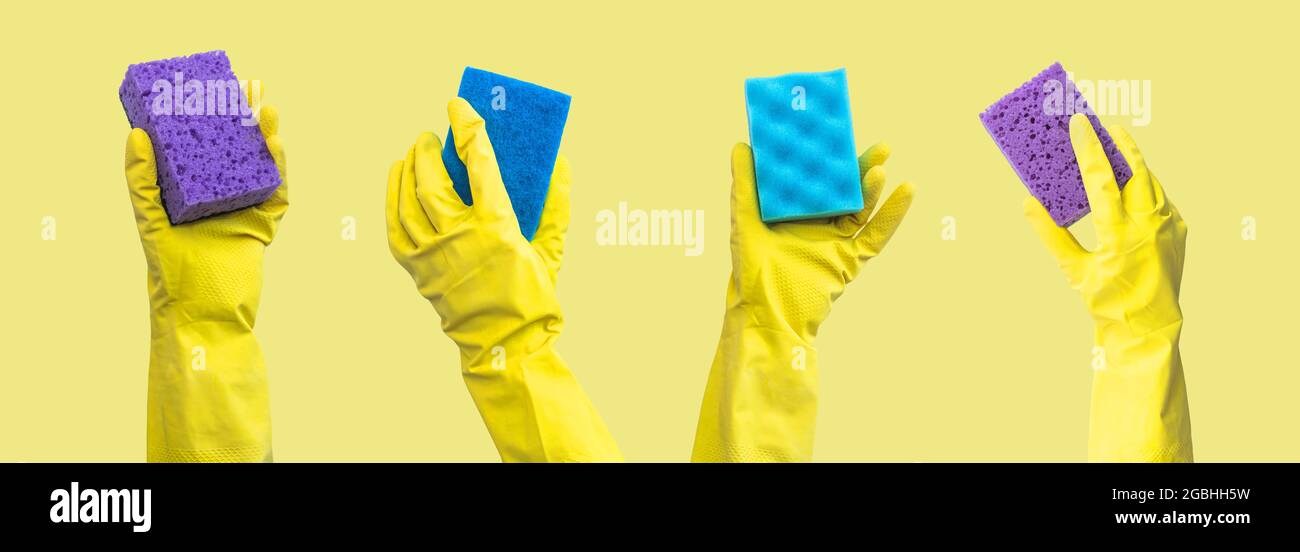 Set of hands in yellow rubber gloves and kitchen sponges, cleaning ...