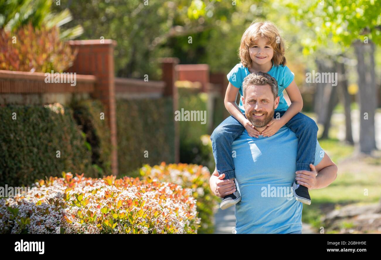 fathers day. happy father and son having fun outside. family value. childhood and parenthood Stock Photo