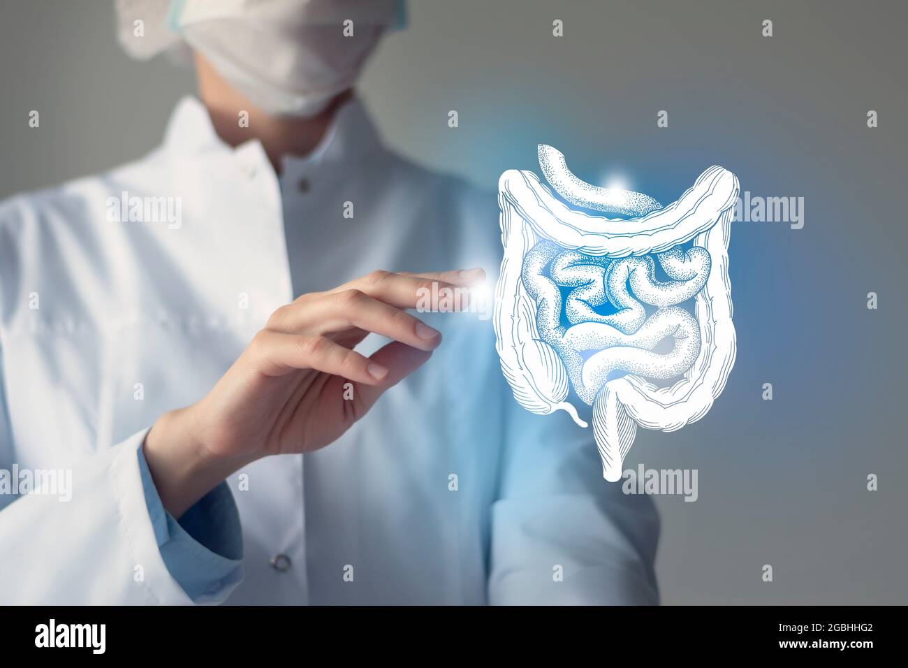 Female doctor holding virtual Intestine in hand. Handrawn human organ, blurred photo, raw photo colors. Healthcare hospital service concept stock phot Stock Photo