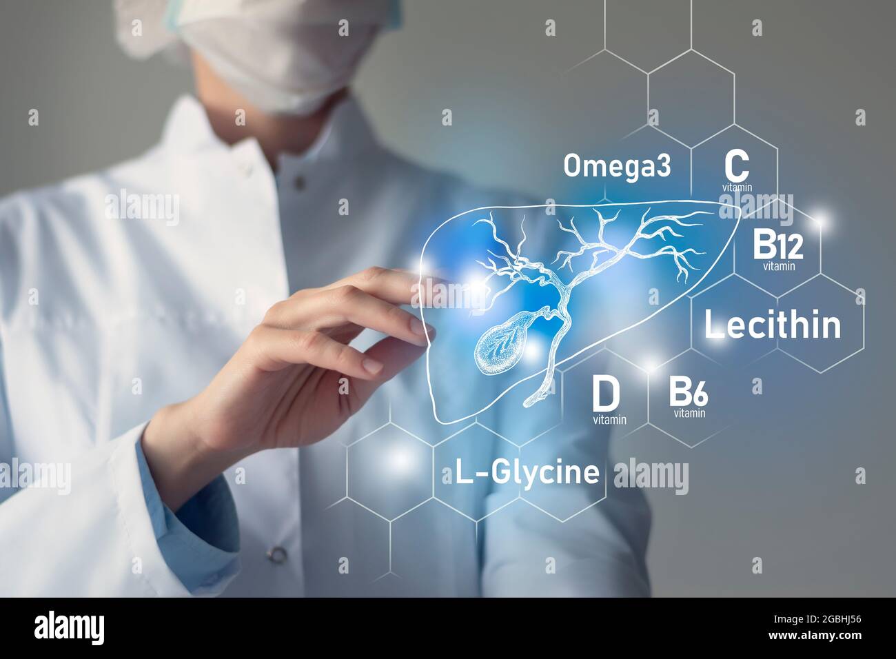 Essential nutrients for Gall Bladder health including Omega 3, L-Glycine, Omega3, Lecithin. Blurred portrait of doctor holding highlighted blue Gall B Stock Photo
