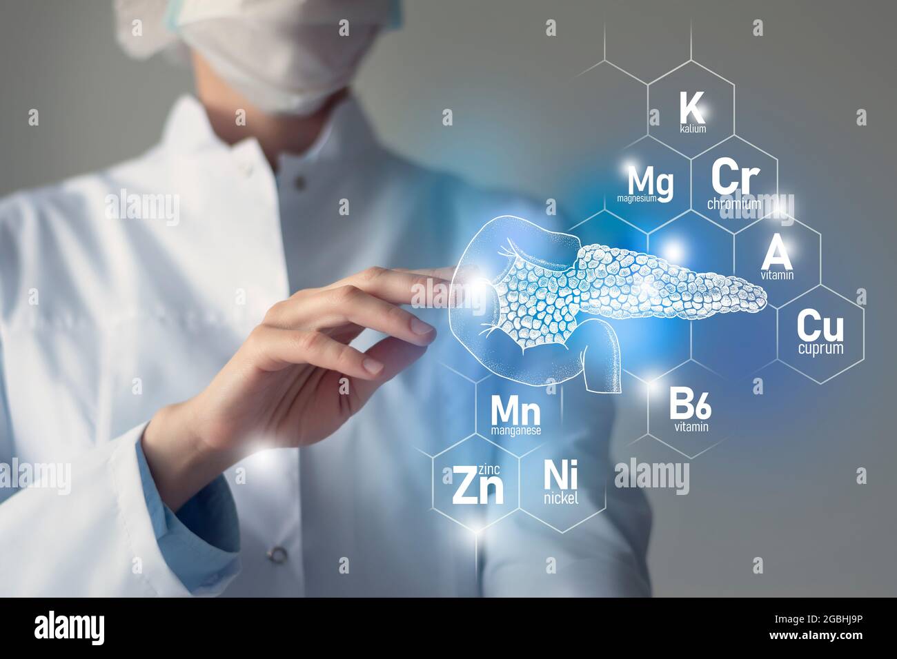 Essential nutrients for Pancreas health including Nickel, Chromium, Cuprum, Manganese. Blurred portrait of doctor holding highlighted blue Pancreas. Stock Photo