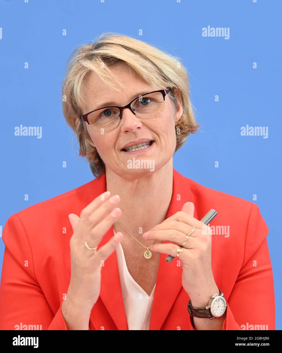 Berlin, Germany. 04th Aug, 2021. Anja Karliczek (CDU), Federal Minister of Education and Research, speaks during a press conference on the state of research against anti-Semitism and right-wing extremism side by side. Credit: Soeren Stache/dpa-Zentralbild/dpa/Alamy Live News Stock Photo