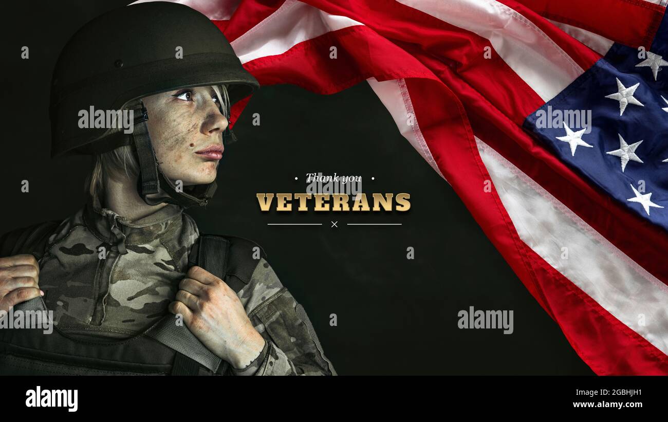 Courage. Design for greeting card, poster for Veterans day. Close-up American female soldier next to USA flag isolated over grey background. Stock Photo
