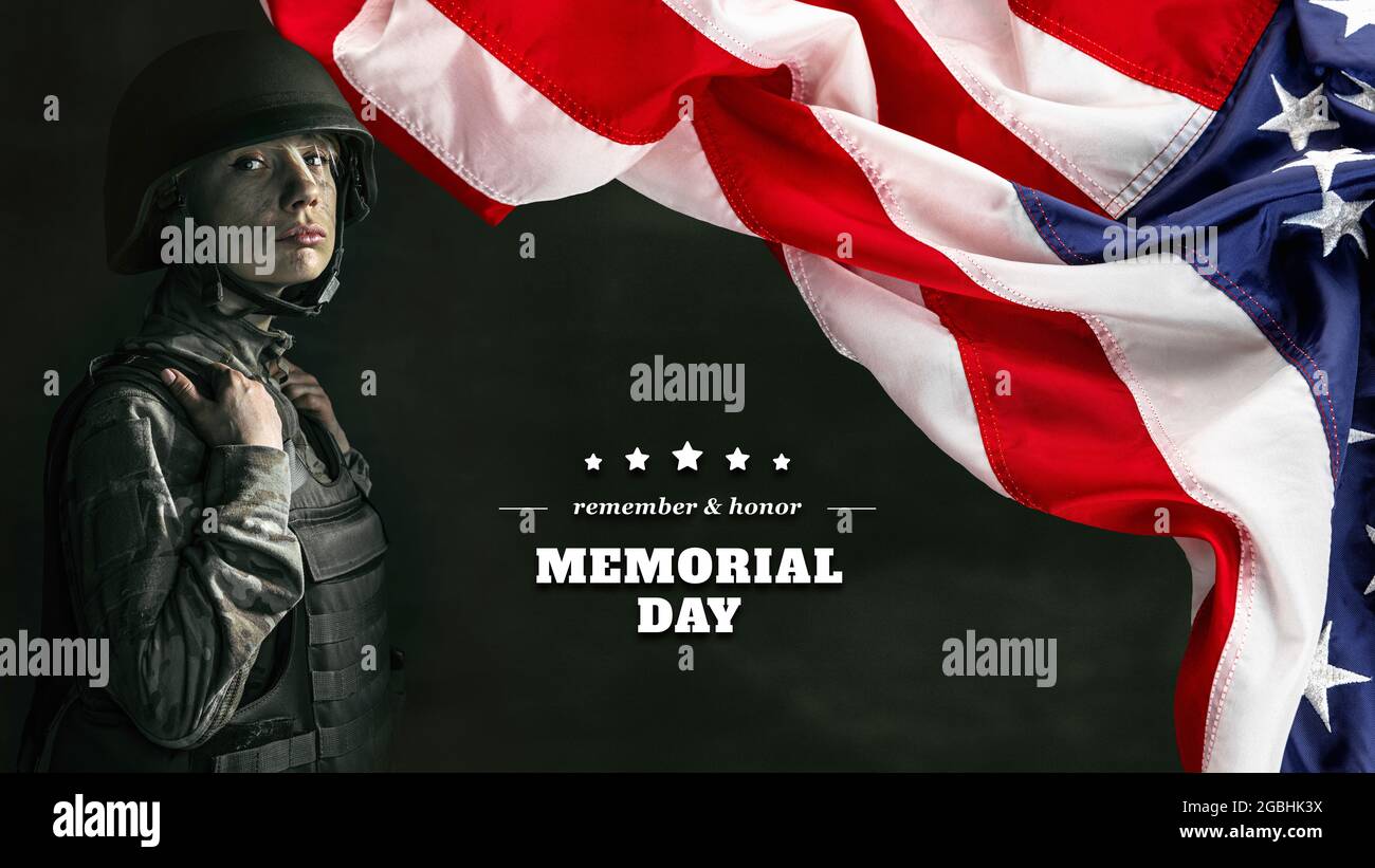 Devotion to duty. Design for card, poster for Veterans day, Memorial day. American female soldier next to USA flag isolated over grey background. Stock Photo