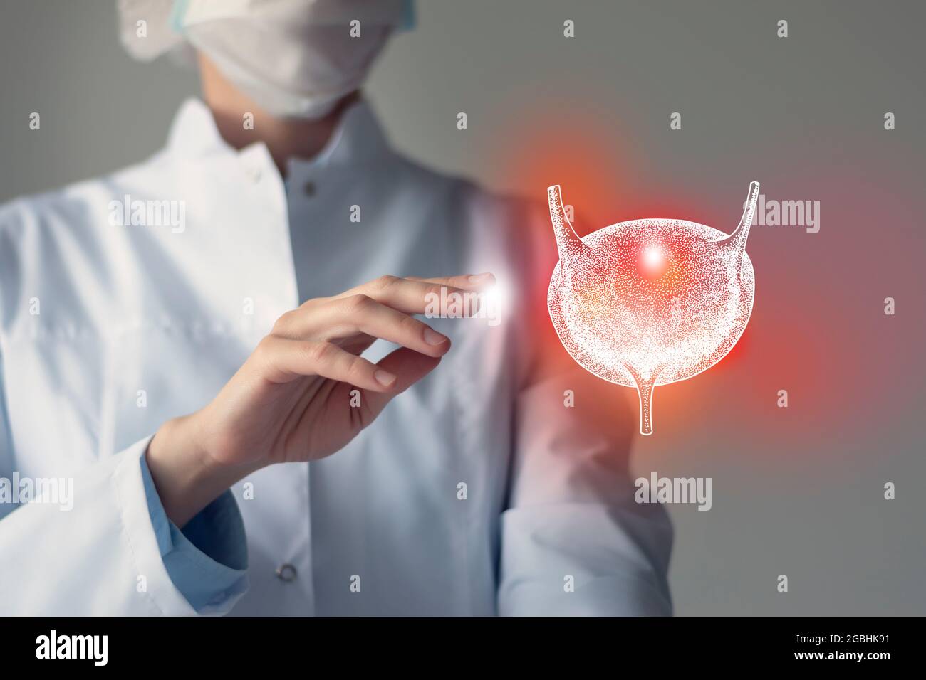 Female doctor touches virtual Bladder in hand. Blurred photo, handrawn human organ, highlighted red as symbol of disease. Healthcare hospital service Stock Photo