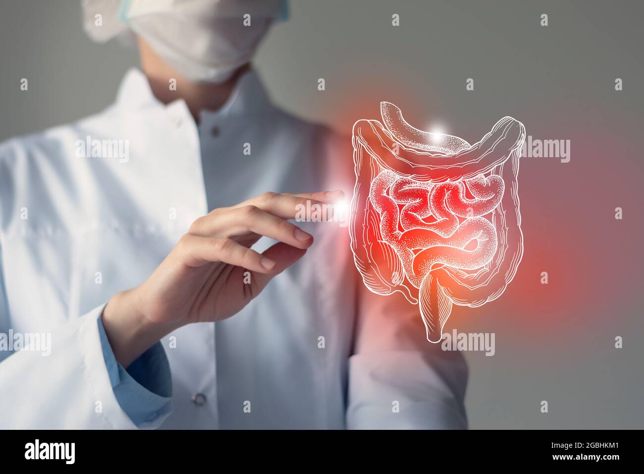 Female doctor holding virtual Intestine in hand. Handrawn human organ, blurred photo, raw photo colors. Healthcare hospital service concept stock phot Stock Photo