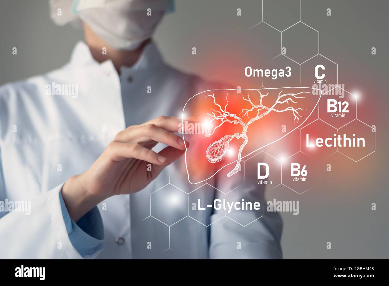 Essential nutrients for Gall Bladder health including Omega 3, L-Glycine, Omega3, Lecithin. Blurred portrait of doctor holding highlighted red Gall Bl Stock Photo