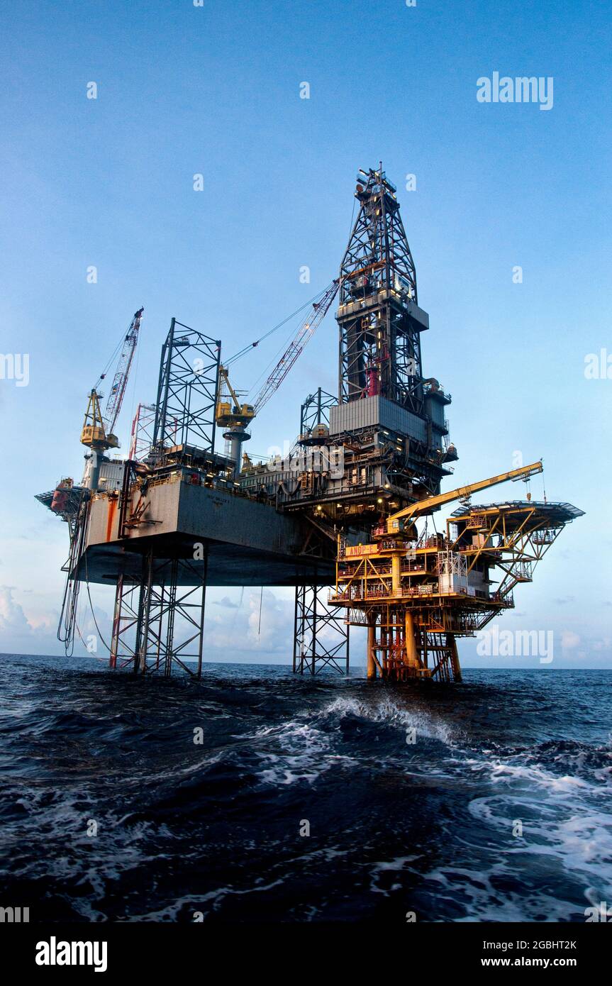 offshore platform at sea with beautiful sky and calm sea Stock Photo