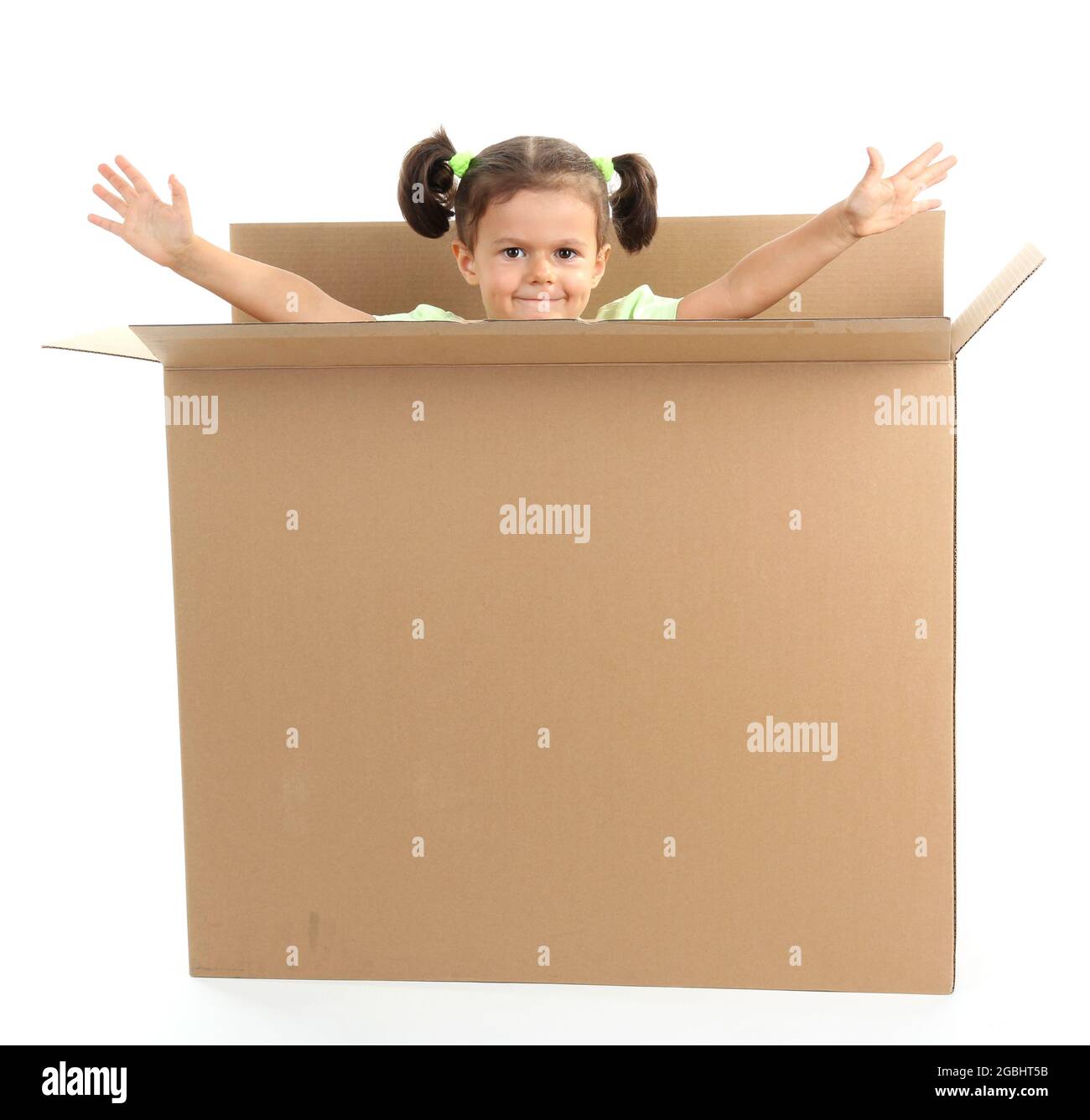 beautiful little girl with box isolated on white Stock Photo Alamy