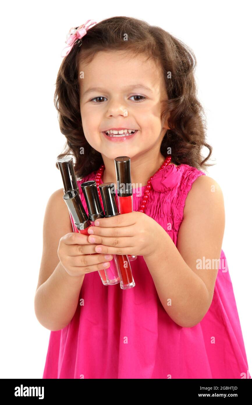 beautiful little girl doing makeup isolated on white Stock Photo Alamy