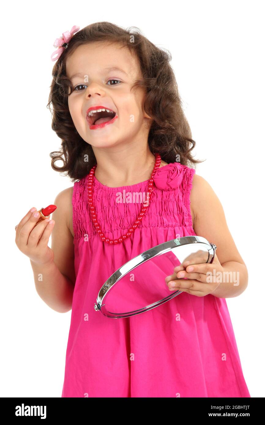 beautiful little girl doing makeup isolated on white Stock Photo Alamy