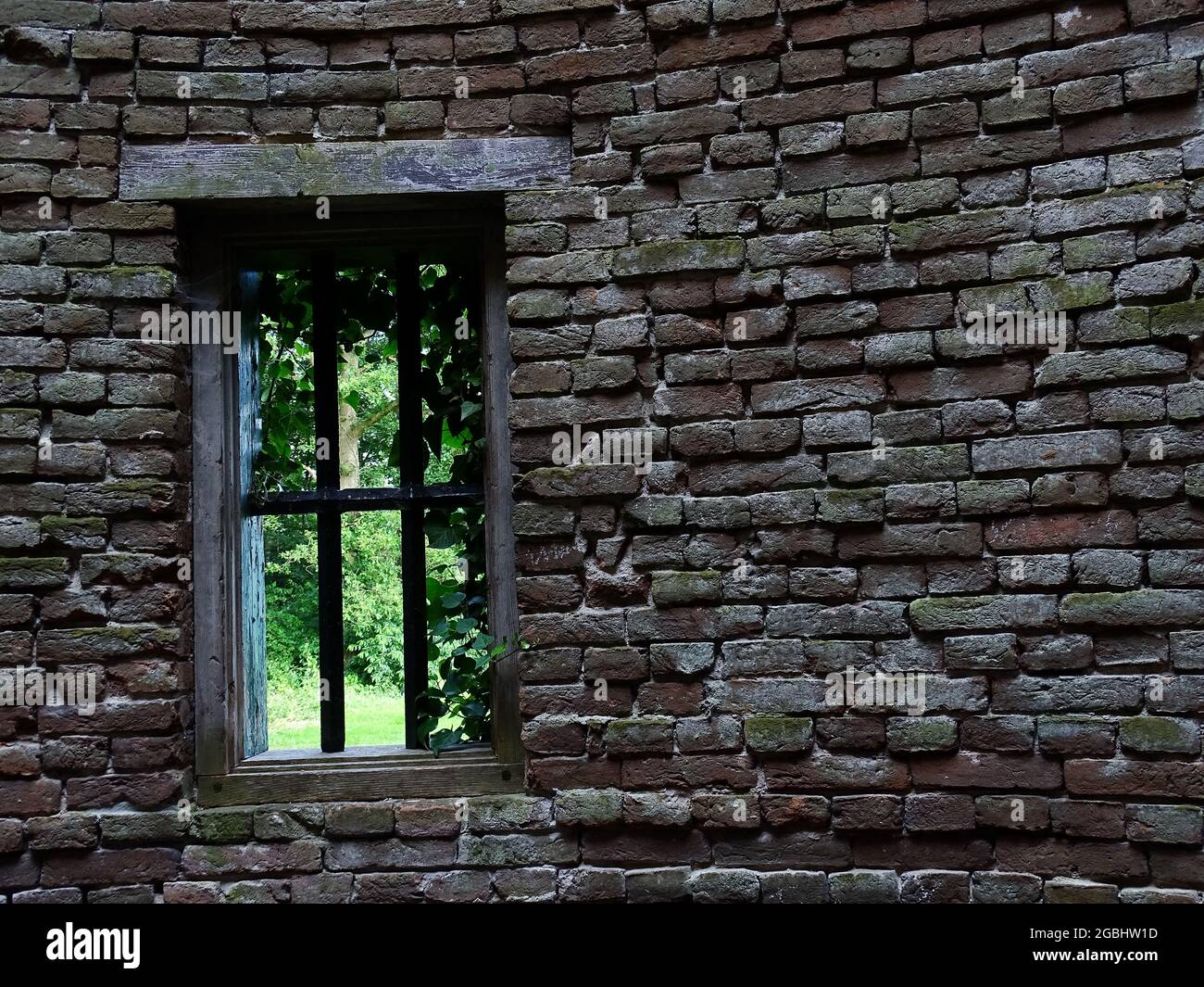 window in an old wall of the folly (fake ruin) Stock Photo