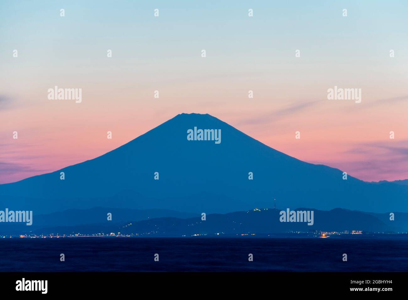 Mt. Fuji from Enoshima at sunset, Kanagawa, Japan Stock Photo