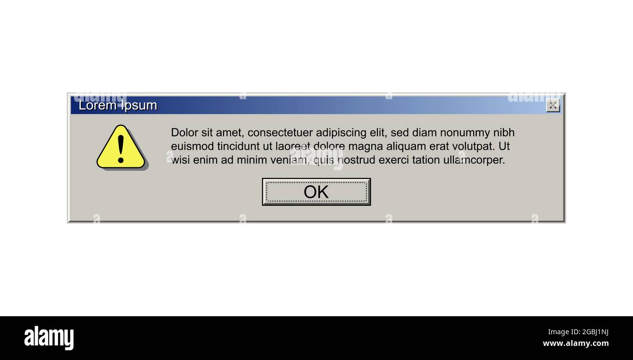 Old computer window with error message. Retro pc interface with problem or glitch, vintage web browser alert, software system bug. 90s screen vector i Stock Vector