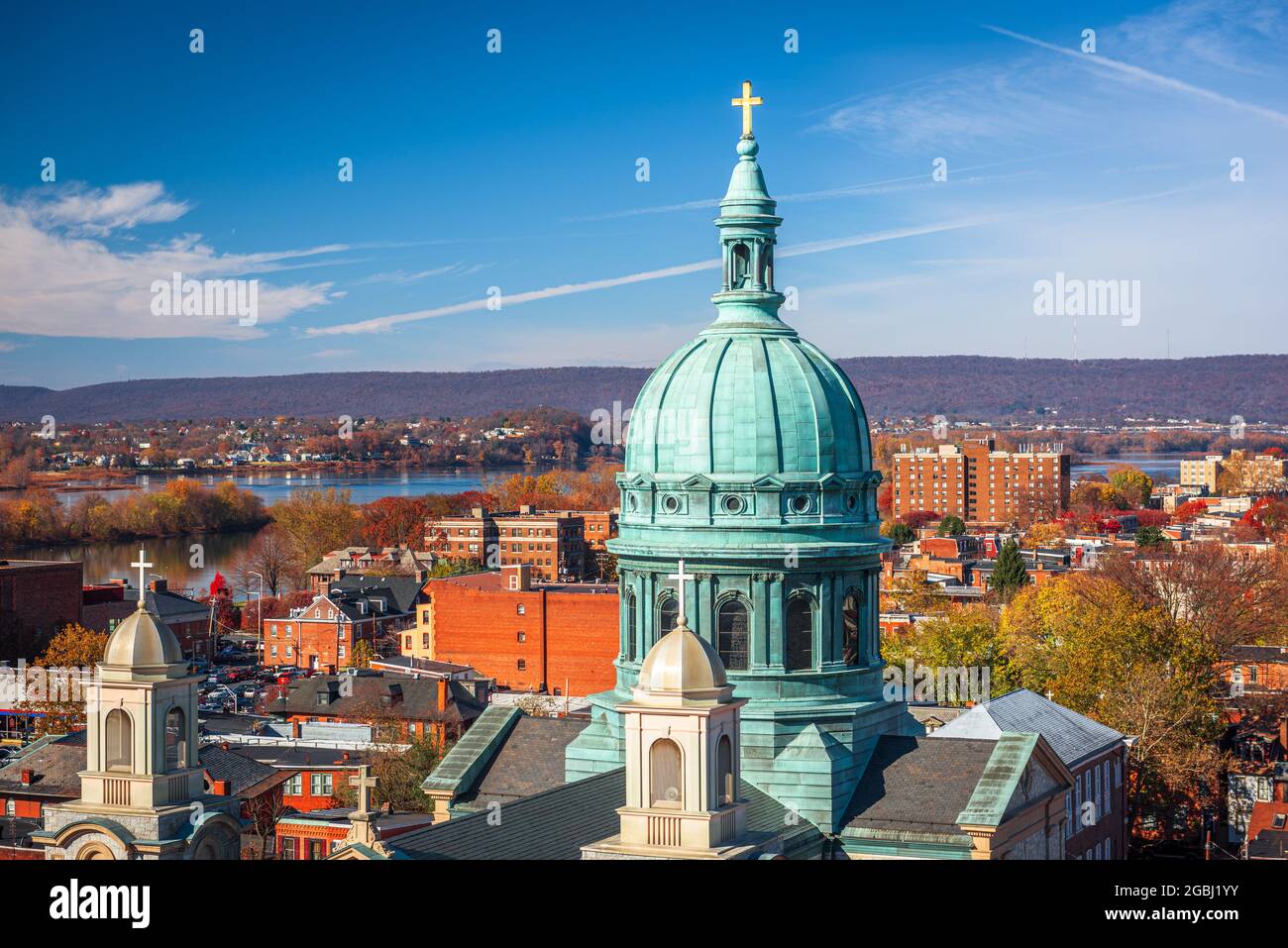 Harrisburg, Pennsylvania, USA cityscape with historic churches during autumn season. Stock Photo