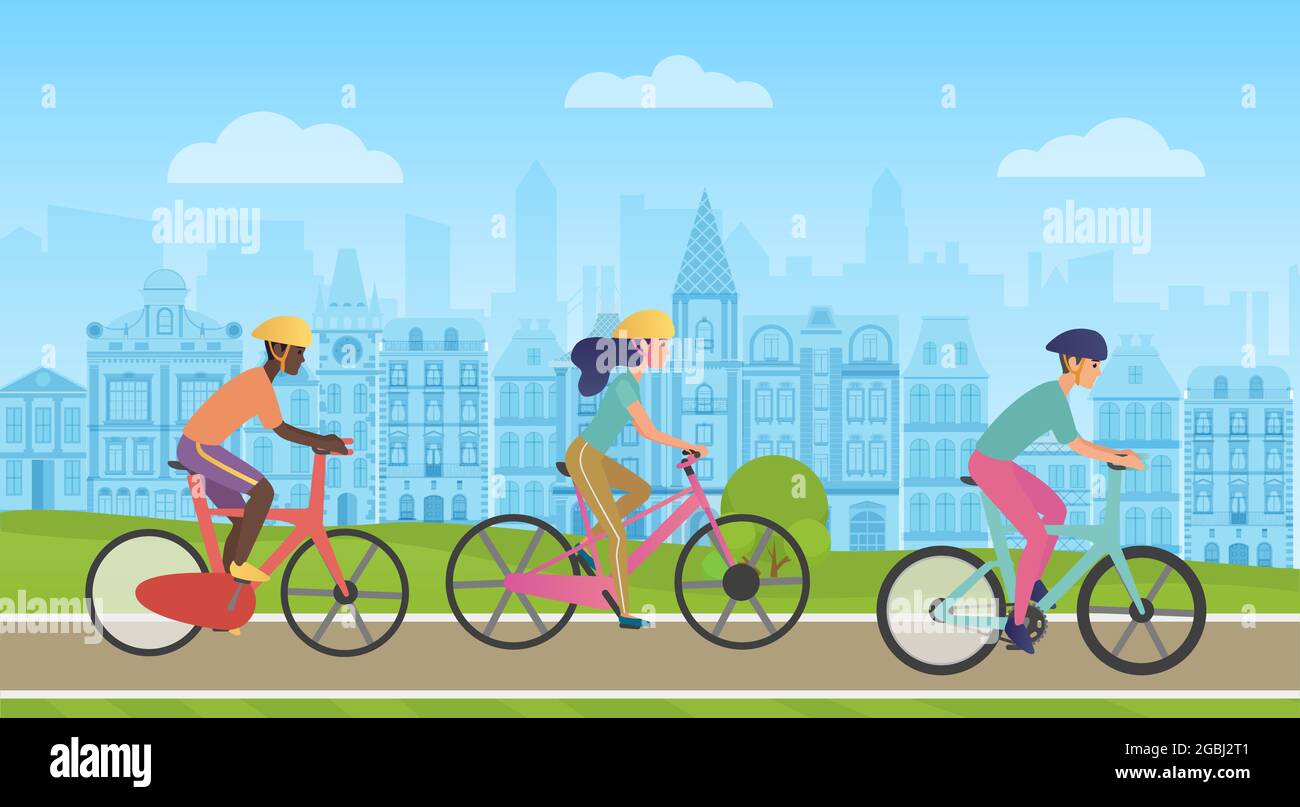 People ride bicycles on city road vector illustration. Cartoon urban metropolis cityscape panorama with young man woman cyclist characters in sport helmets riding bikes, eco transport background Stock Vector