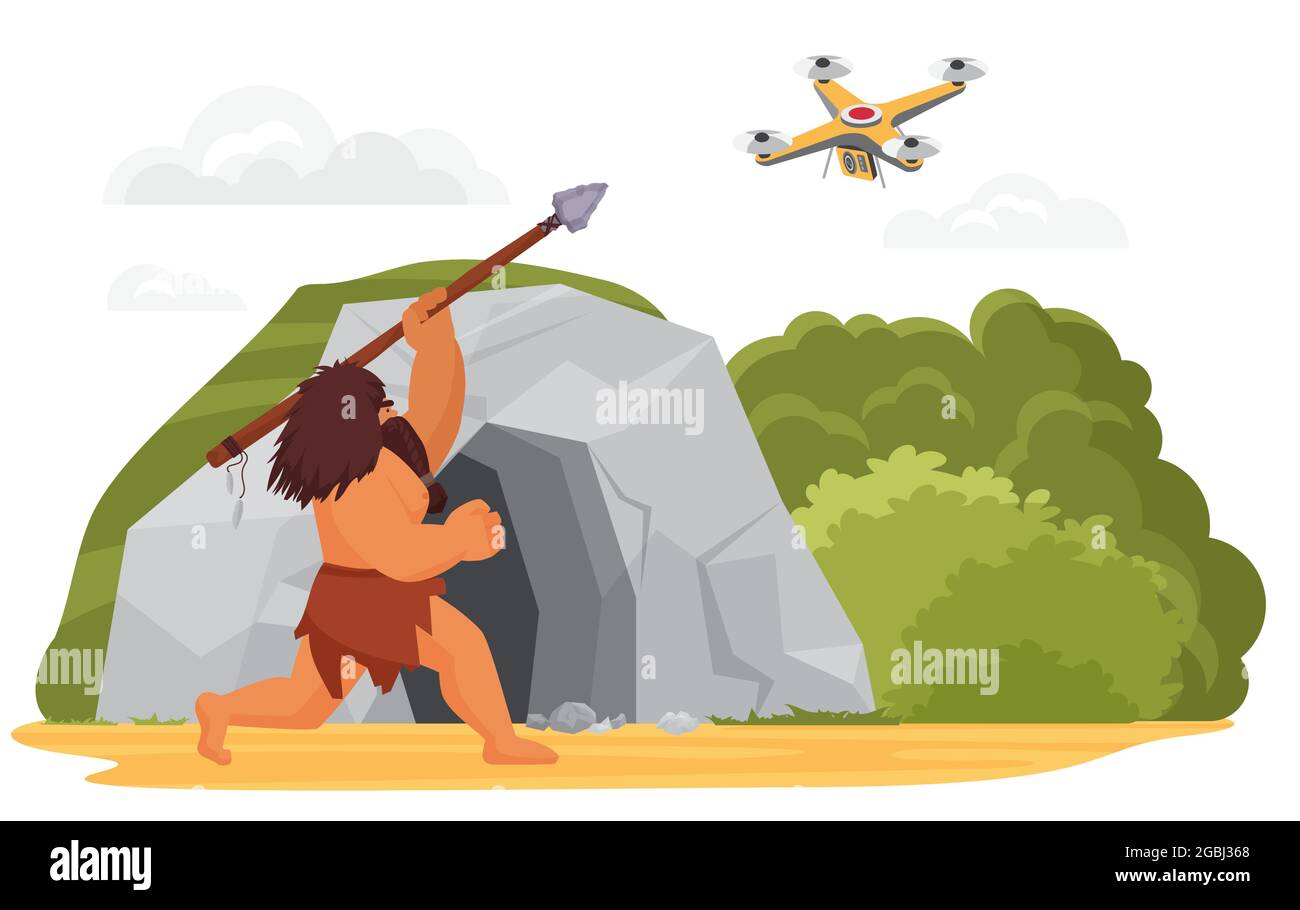 Stone age primitive man hunting on drone with spear weapon near rock cave vector illustration. Cartoon ancient hunter caveman character and modern technology, human evolution isolated on white Stock Vector