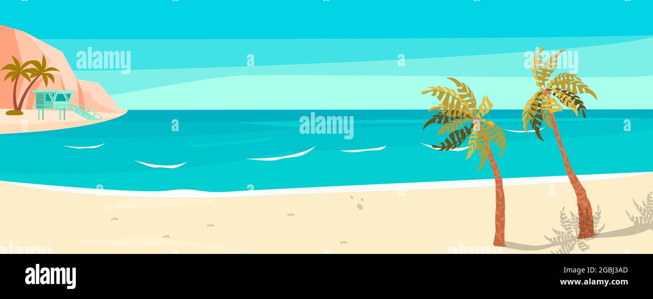 Sea coast panoramic landscape with sand beach and palm trees. Flat ...