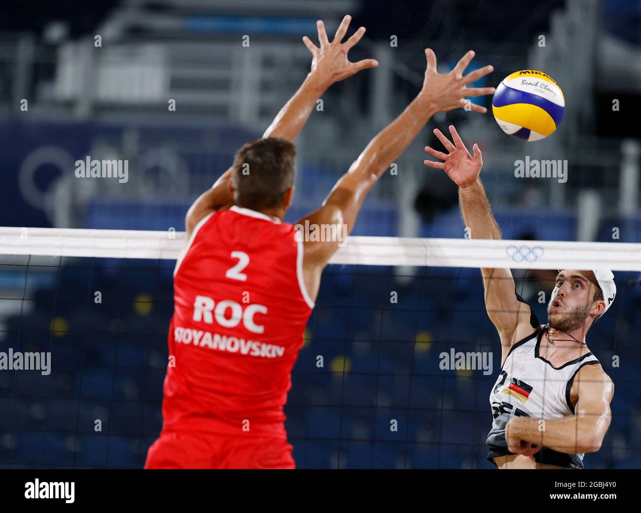 Tokyo Olympics Beach Volleyball Men Quarterfinal Germany Thole J Wickler V Russian Olympic Committee Krasilnikov Stoyanovskiy Shiokaze Park Tokyo Japan August 4 21 Oleg Stoyanovskiy Of The