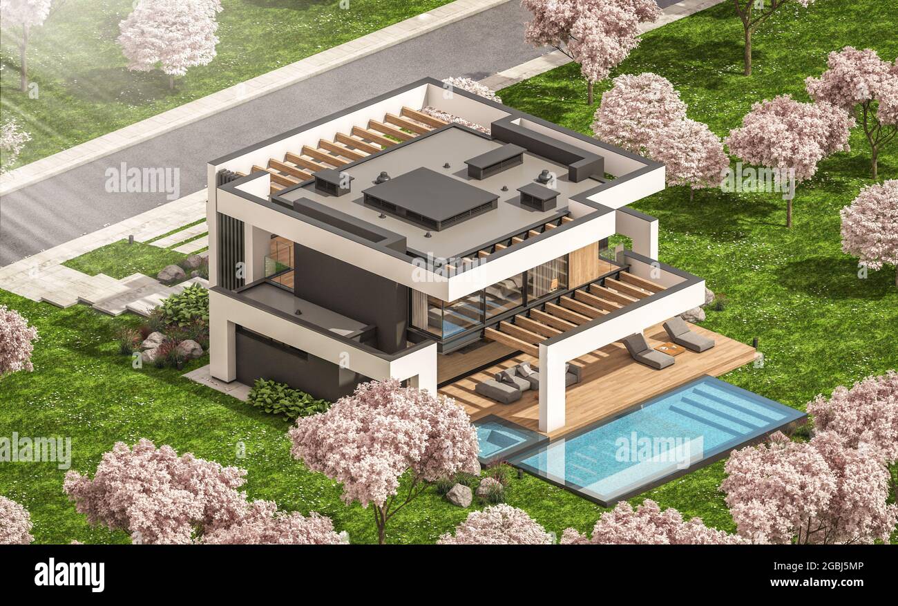 3d rendering of modern cozy house with pool and parking for sale or ...