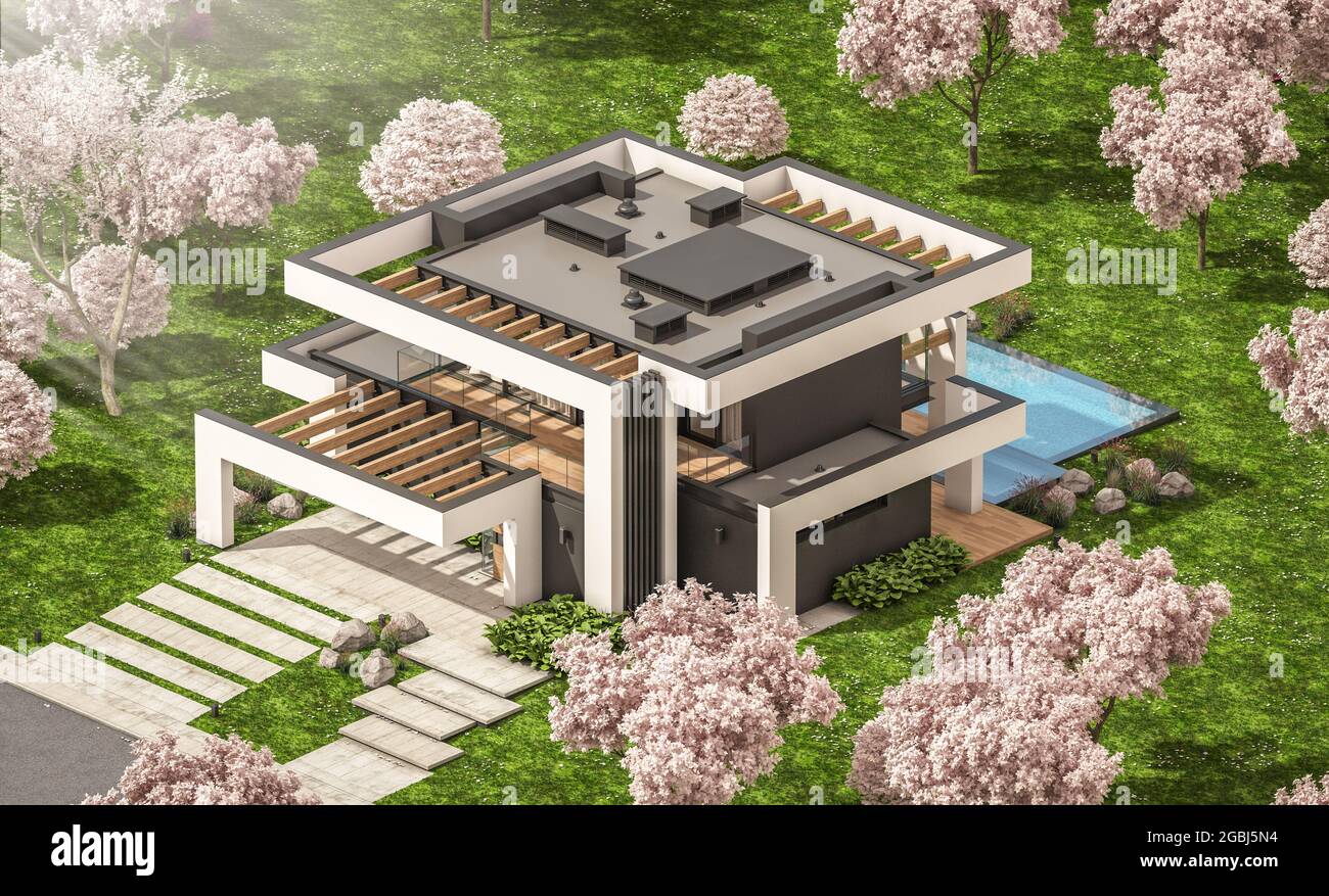 3d rendering of modern cozy house with pool and parking for sale or ...