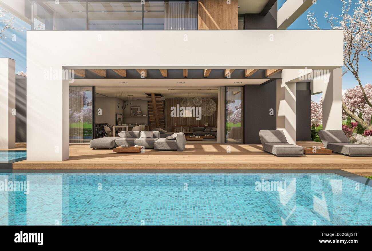 3d rendering of modern cozy house with pool and parking for sale or ...