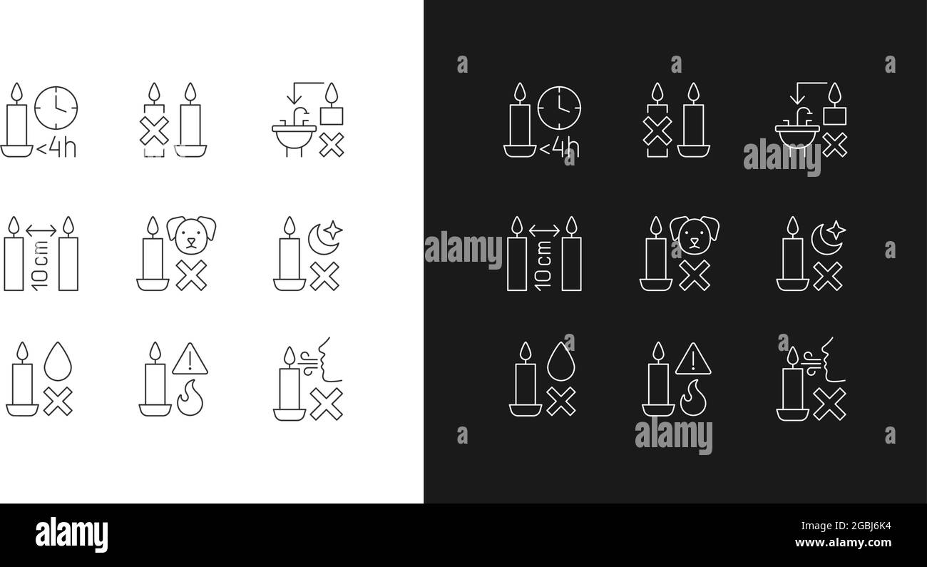 Candle safety regulations linear manual label icons set for dark and
