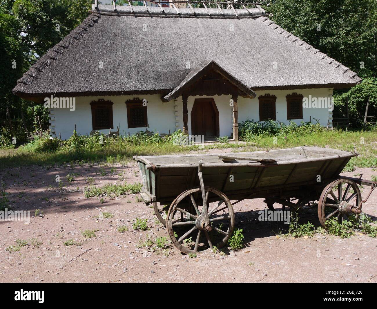 Reconstructed traditional Ukrainian peasant house in a park, Kiev Stock Photo