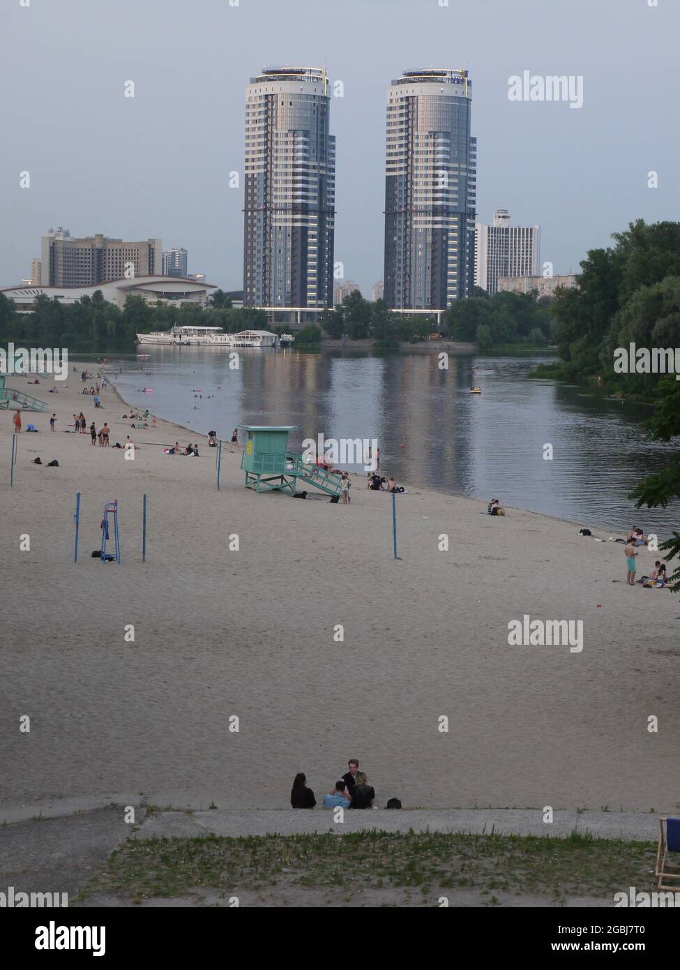 The beaches on the banks of the Dnieper river in central Kiev, Ukraine, on a a summer evening Stock Photo