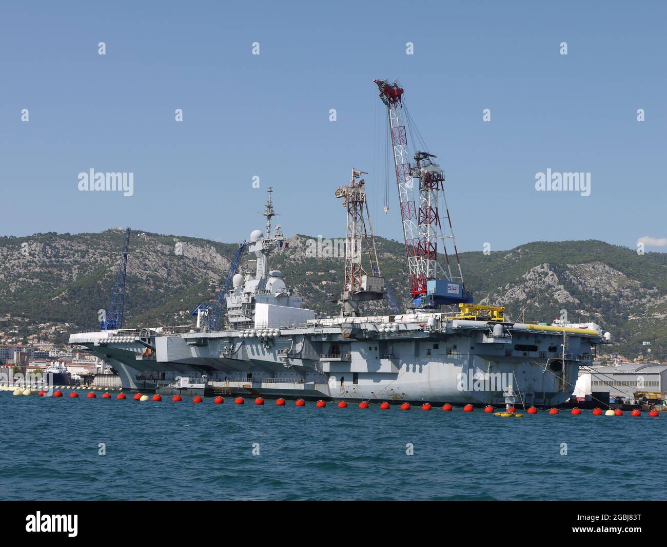 The French aircraft carrier Charles de Gaulle undergoes some repairs in the military port of Toulon, France Stock Photo