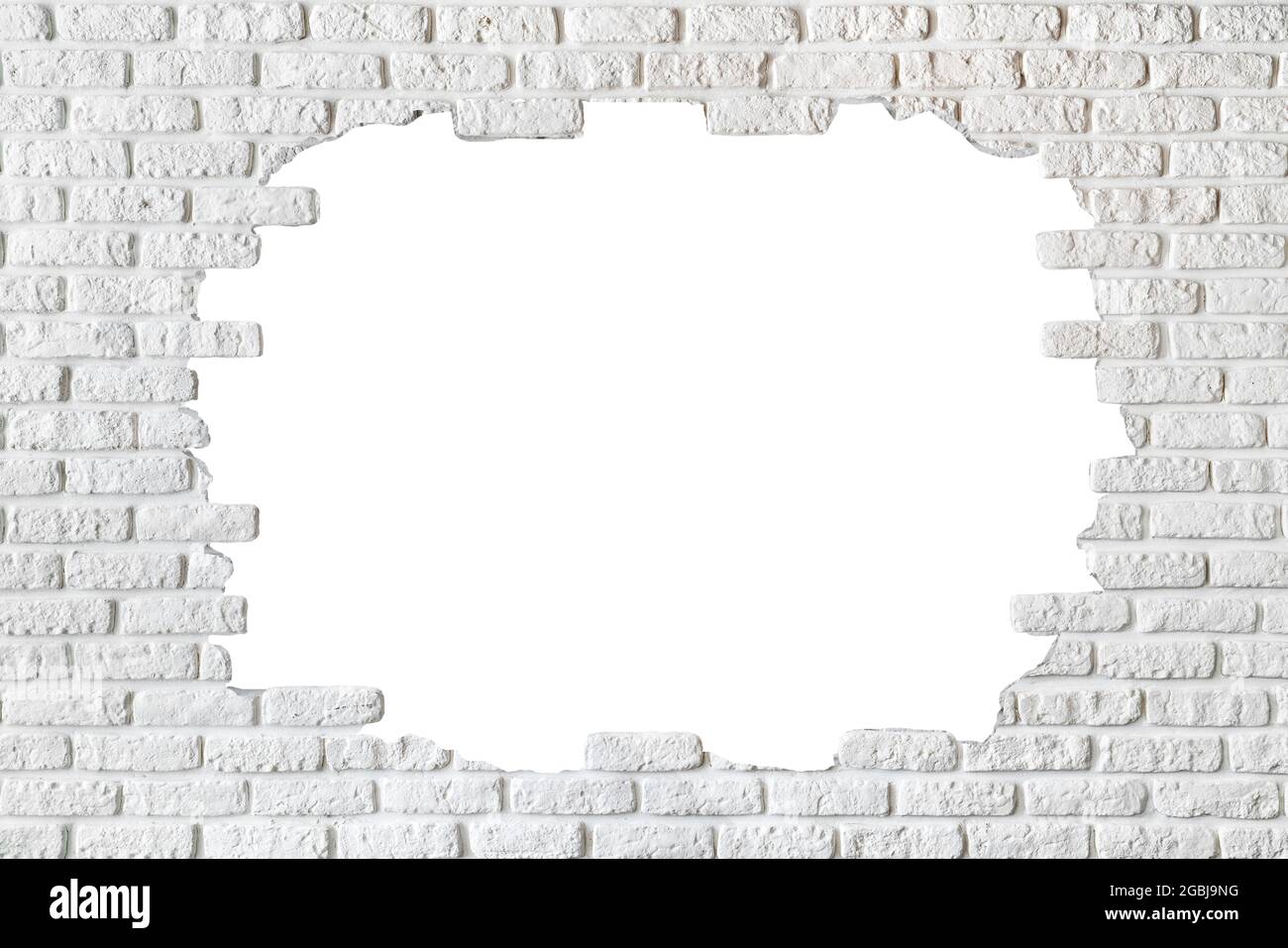 White painted brick wall broken, damaged from center. decoration for background. High quality photo Stock Photo