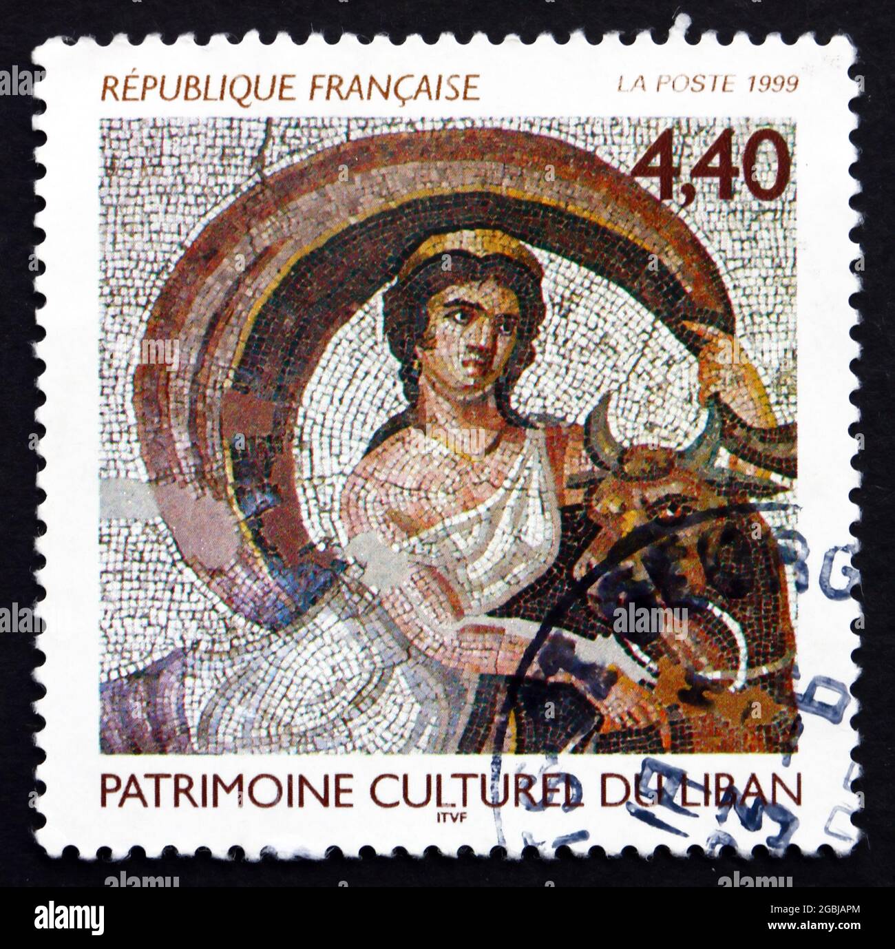 FRANCE - CIRCA 1999: a stamp printed in the France shows Mosaic Illustrating Transformation of Zeus into Bull, National Museum of Beirut, Lebanon, cir Stock Photo