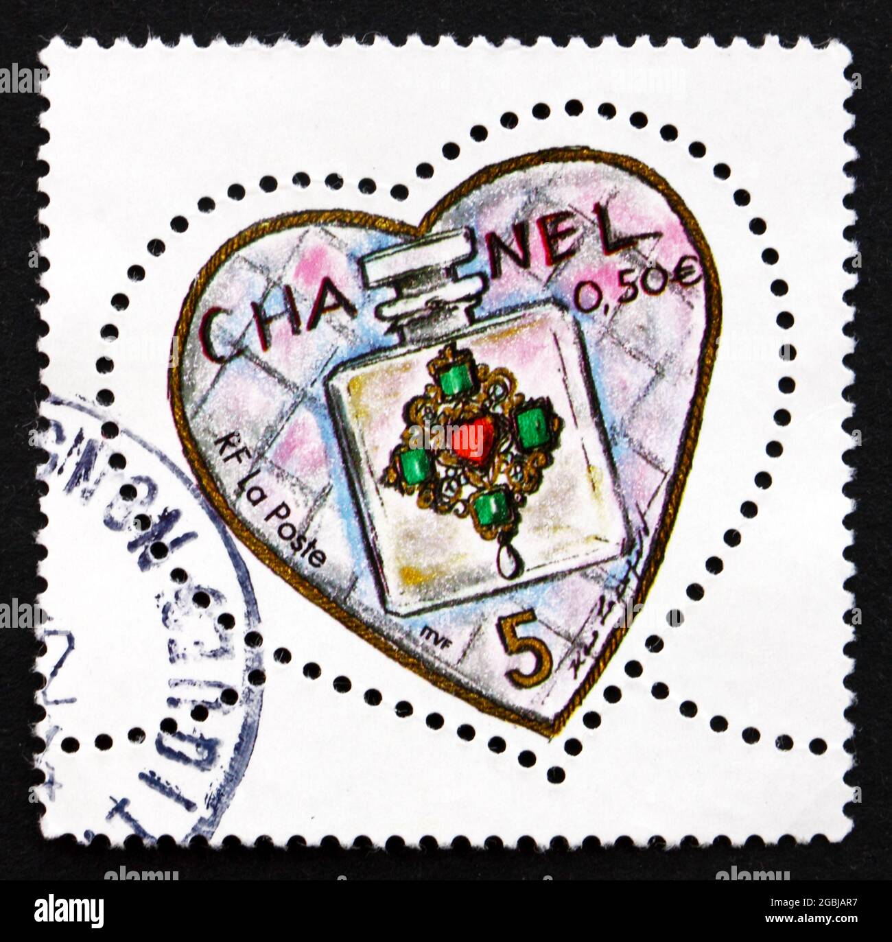 FRANCE - CIRCA 2004: a stamp printed in the France shows Chanel No. 5 Perfume Bottle, Valentine’s Day, Heart, circa 2004 Stock Photo