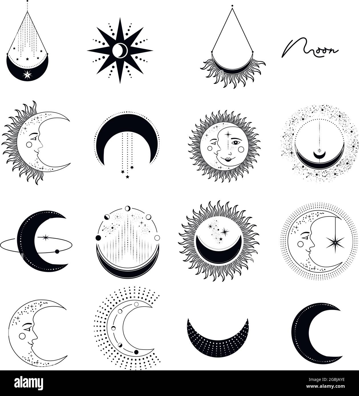 Vector illustration set of moon phases. Different stages of moonlight activity in vintage engraving style. Zodiac Signs. Vector illustration Stock Vector