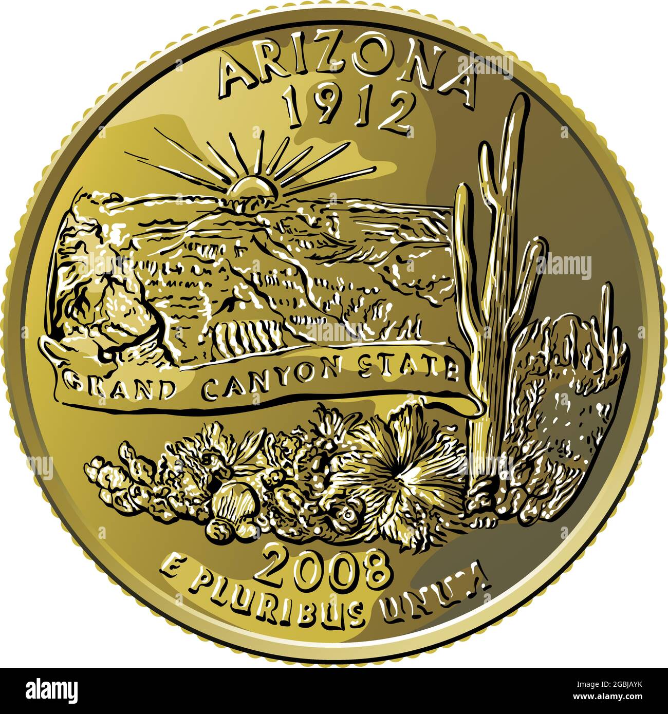 American money, USA Washington quarter dollar Arizona or 25-cent silver coin, Grand Canyon, saguaro cactus on reverse Stock Vector