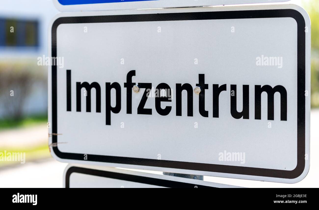 Augsburg, Bavaria, Germany, 02 May 2021: Vaccination Center, Sign With The Inscription Impfzentrum Stock Photo