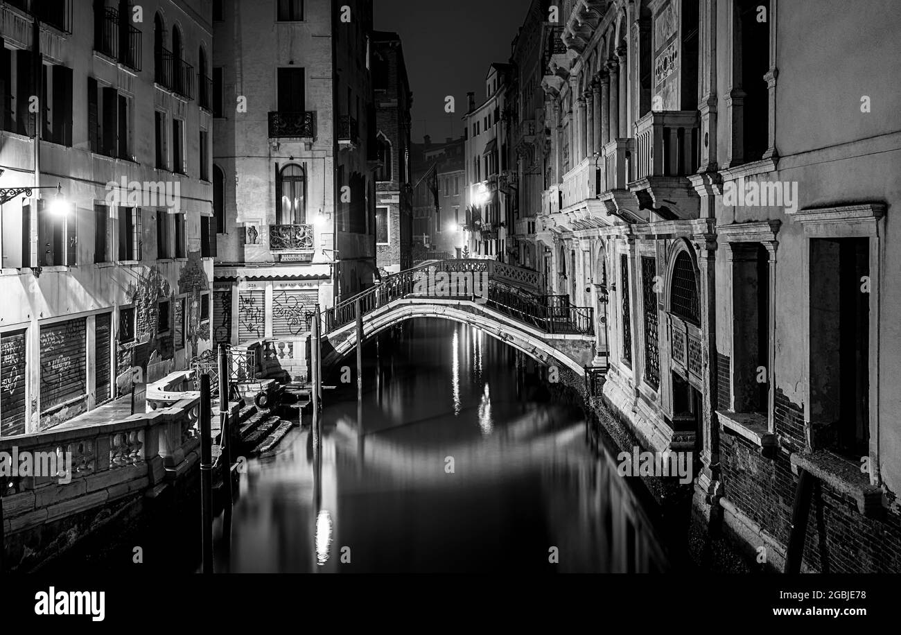 Venice At Night In Black And White Stock Photo