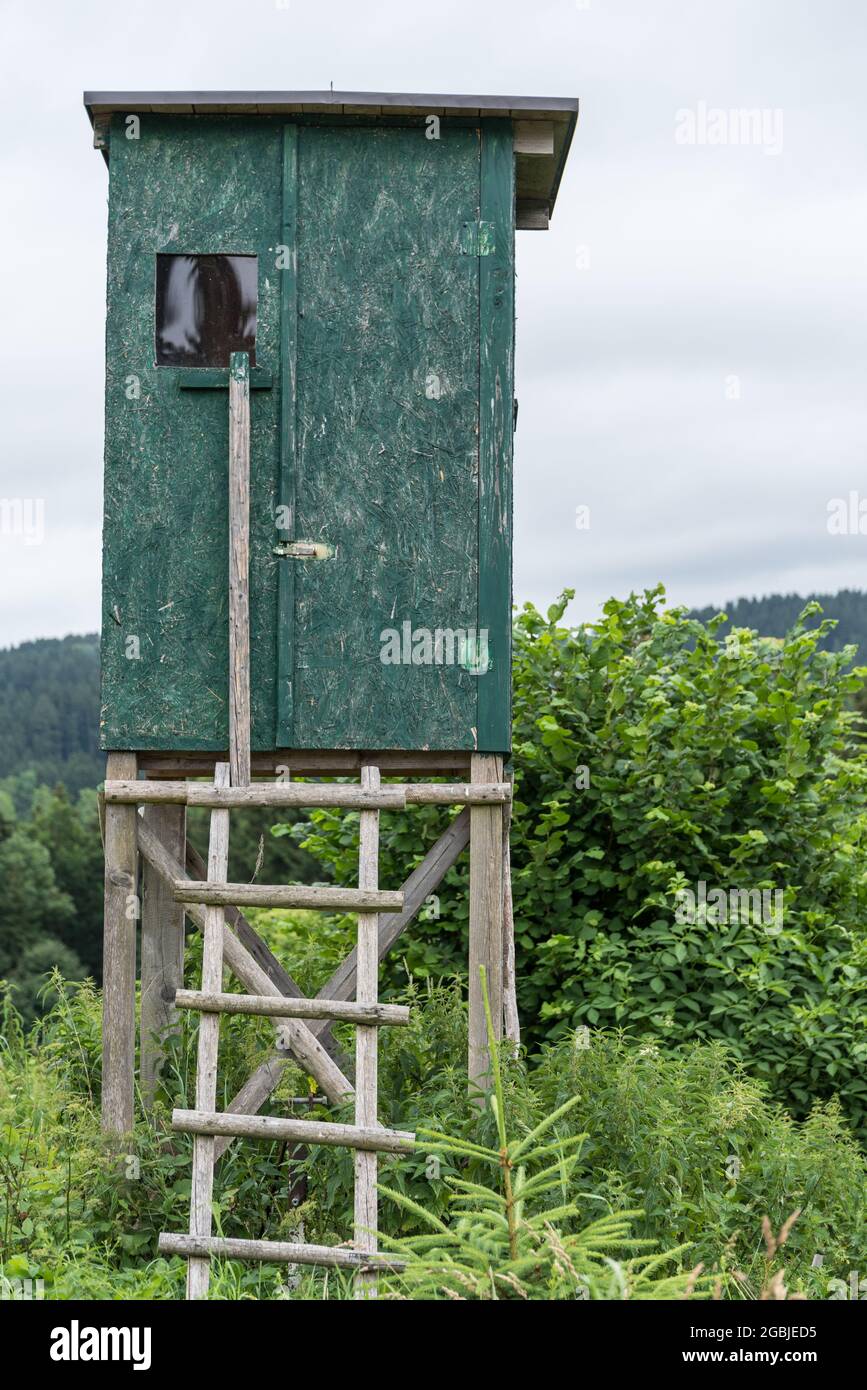 Green High Seat For Hunters As A Hiding Place In The Hunting Area Stock Photo