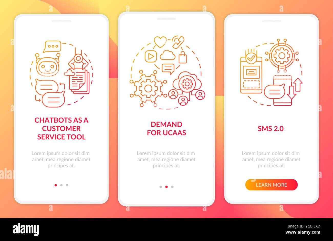 Messaging software trend red onboarding mobile app page screen. Customer service tool walkthrough 3 step graphic instructions with concepts. UI, UX, G Stock Vector