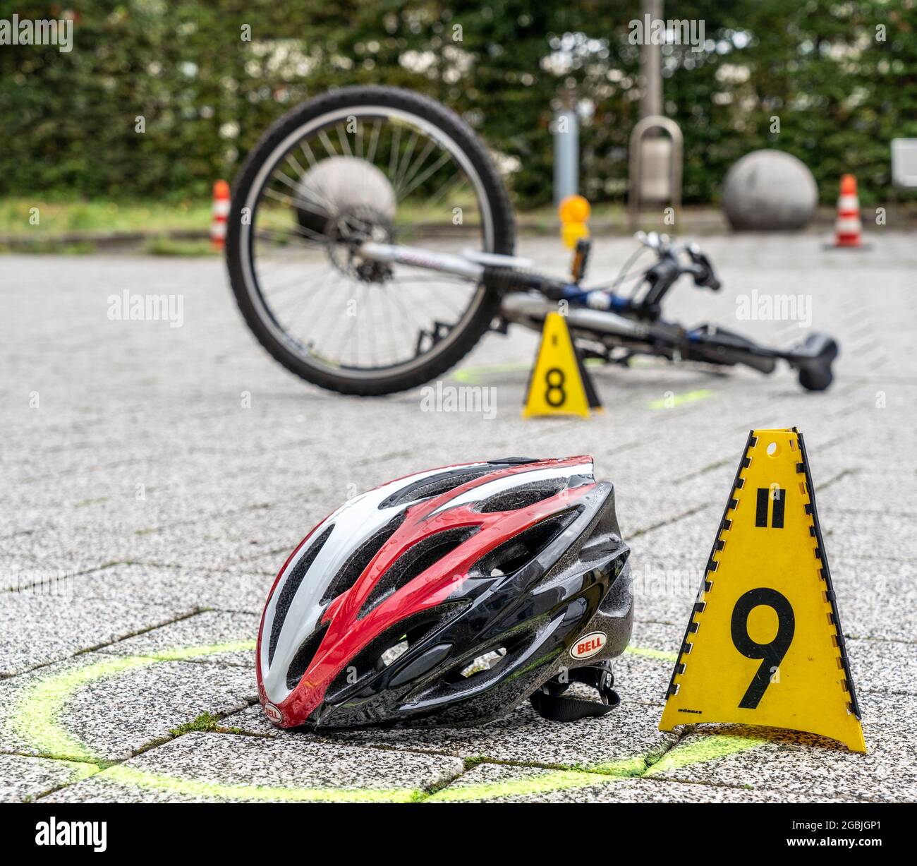 Re-enacted, fatal, accident with a passenger car and a cyclist, at the police NRW, accident investigation by specialized VU teams, traffic accident te Stock Photo