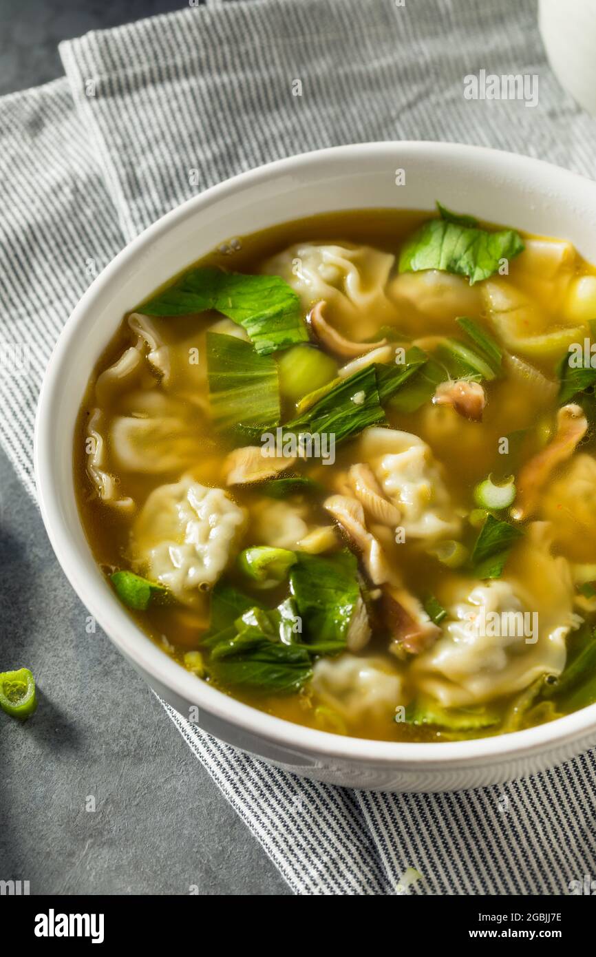 Homemade Asian Chicken Wonton Soup with Bok Choy Stock Photo