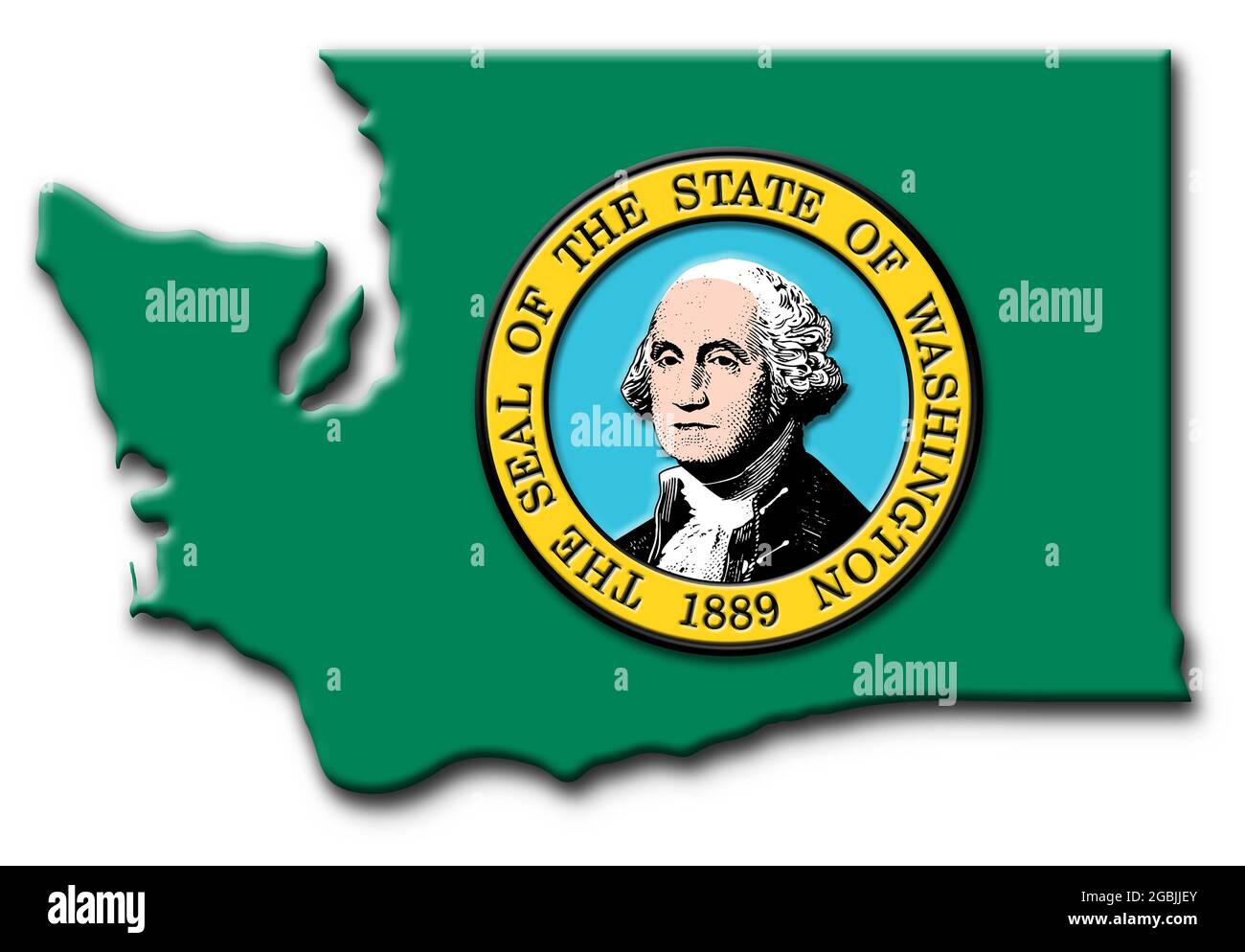 State map of Washington state showing state outline and the official State Flag Stock Photo