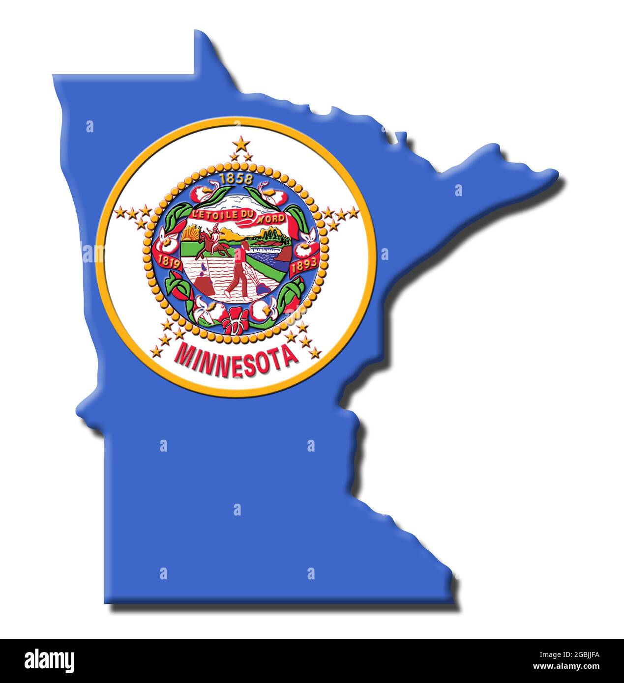 State map of Minnesota showing state outline and the official State Flag Stock Photo