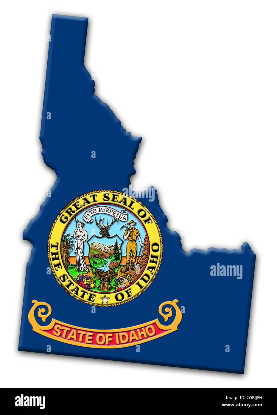 State map of Idaho showing state outline and the official State Flag Stock Photo